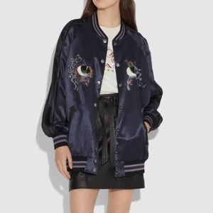 Auth Coach embroidered landscape oversized Souvenir varsity luxe bomber jacket